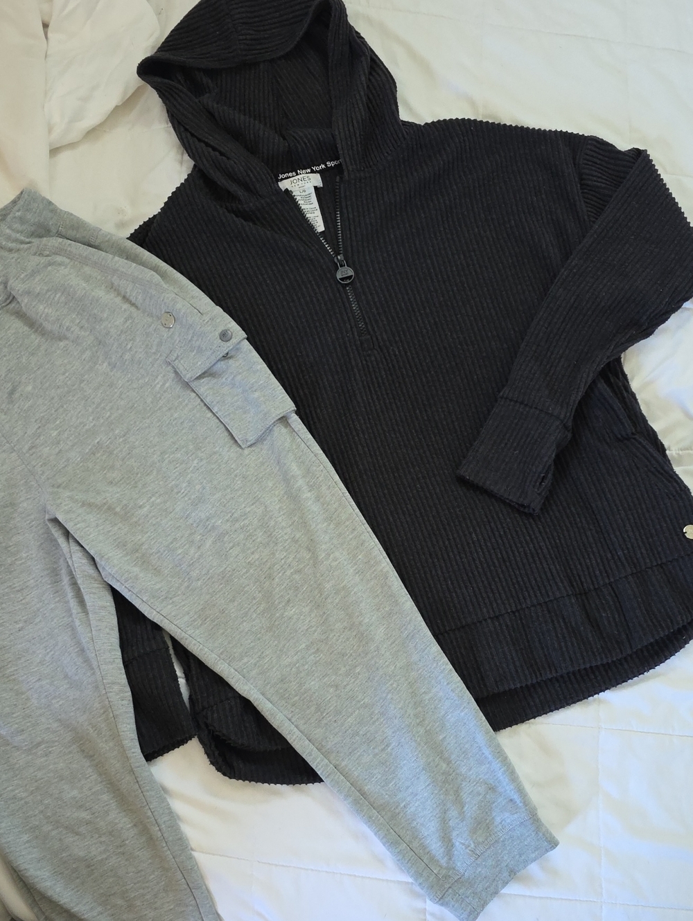 Jones New York Dark Grey Ribbed Half-Zip Hooded Sweatshirt With Capri Jogger